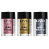 Assorted shades of NYX Professional Glitter for face and body, including red, gold, and purple loose glitters.