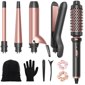 Wavytalk 5 in 1 Curling Iron Set with Thermal Brush and 4 Interchangeable Ceramic Curling Wands (0.5'-1.25') - ROSE GOLD